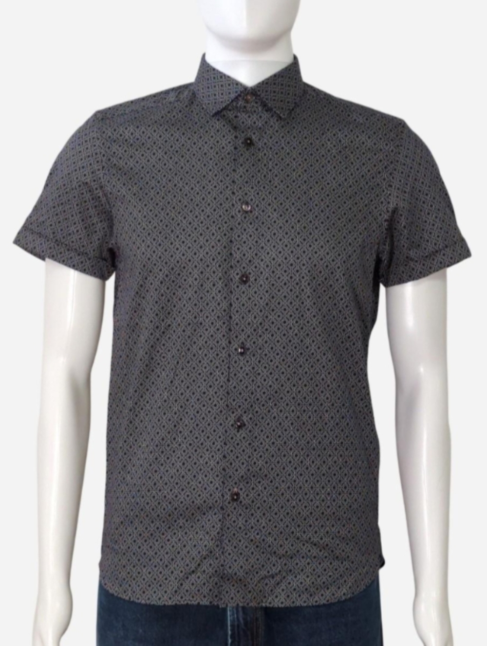 Ted Baker black & grey geometric patterned short sleeve button-up shirt Size Med